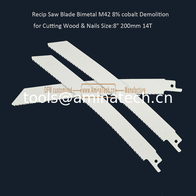 Recip Saw Blade Bimetal M42 8% cobalt Demolition for Cutting Wood & Nails  8" 200mm 10/14T,Power Tools supplier