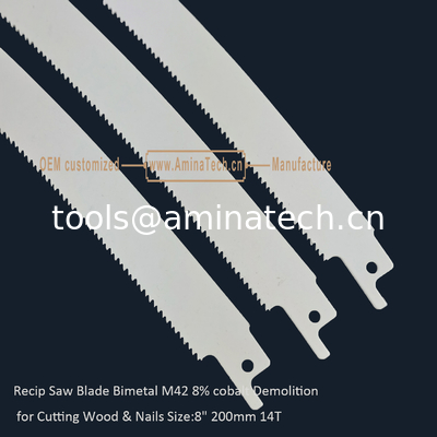 Recip Saw Blade Bimetal M42 8% cobalt Demolition for Cutting Wood & Nails  8" 200mm 10/14T,Power Tools supplier