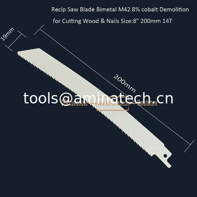 Recip Saw Blade Bimetal M42 8% cobalt Demolition for Cutting Wood & Nails  8" 200mm 10/14T,Power Tools supplier