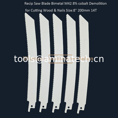 Recip Saw Blade Bimetal M42 8% cobalt Demolition for Cutting Wood & Nails  8" 200mm 10/14T,Power Tools supplier