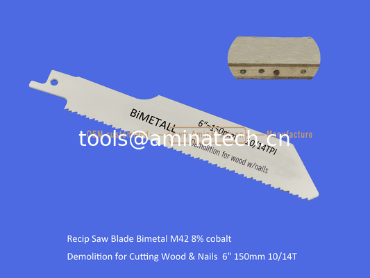 Recip Saw Blade Bimetal M42 8% cobalt Demolition for Cutting Wood & Nails  6" 150mm 10/14T,Power Tools supplier