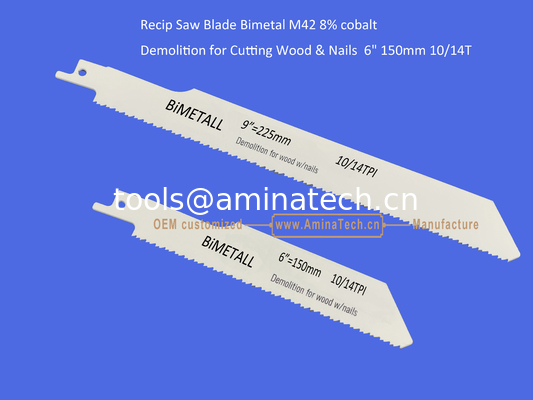 Recip Saw Blade Bimetal M42 8% cobalt Demolition for Cutting Wood & Nails  6" 150mm 10/14T,Power Tools supplier